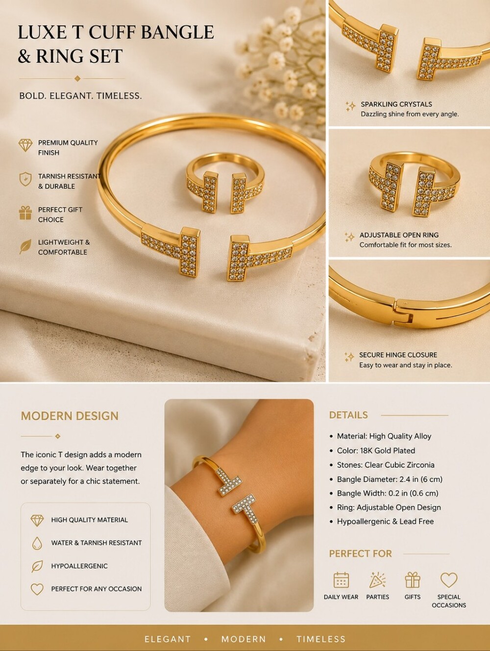 delicates Gold Plated T-Cuff Bangle and Adjustable T-Ring Set